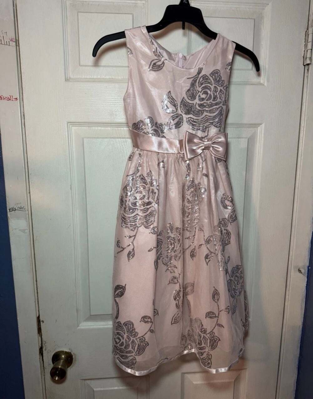 Jayne Copeland Girls Pink Dress with Silver Sequin Rose Pattern and Bow